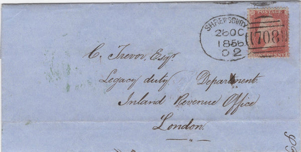 130017 1856 MAIL SHREWSBURY TO LONDON WITH 'SHREWSBURY/708' TYPE B SPOON (RA117).