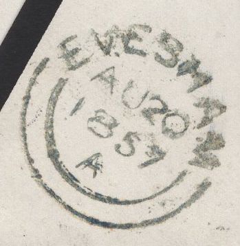 130019 1857 MOURNING ENVELOPE SHREWSBURY TO EVESHAM WITH 1D (SG40) 'SHREWSBURY/708' TYPE C1 SPOON (RA118).