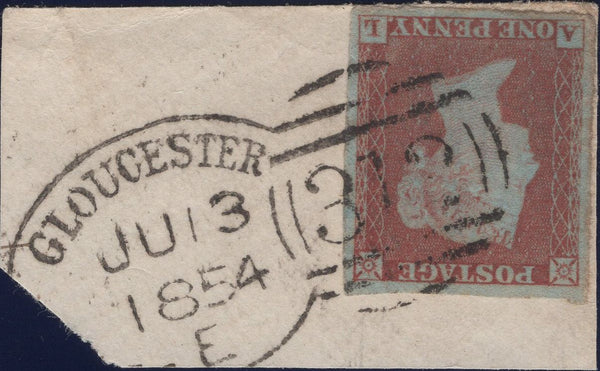 130047 1854 PIECE WITH 1D IMPERF (SG8)(AL) 'GLOUCESTER/312' SPOON (RA37).