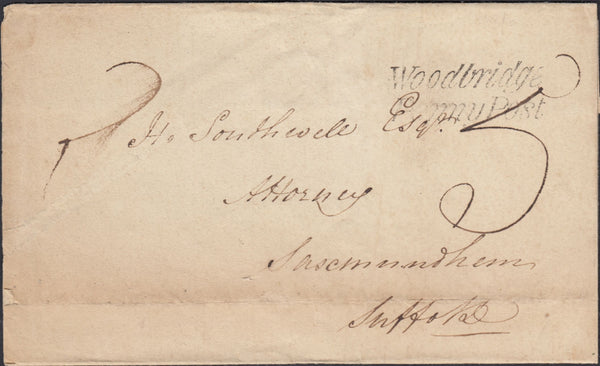 130076 1838 MAIL WOODBRIDGE, SUFFOLK TO SAXMUNDHAM WITH 'WOODBRIDGE/PENNY POST' HAND STAMP (SK404).