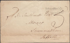 130076 1838 MAIL WOODBRIDGE, SUFFOLK TO SAXMUNDHAM WITH 'WOODBRIDGE/PENNY POST' HAND STAMP (SK404).