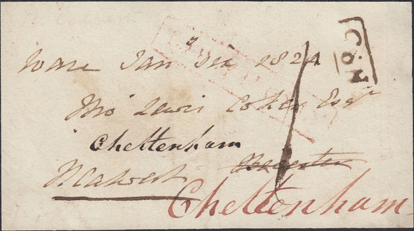130082 1824 FREE FRONT WARE, HERTS TO CHELTENHAM WITH 'NO.3' RECEIVERS HAND STAMP OF PUCKERIDGE.