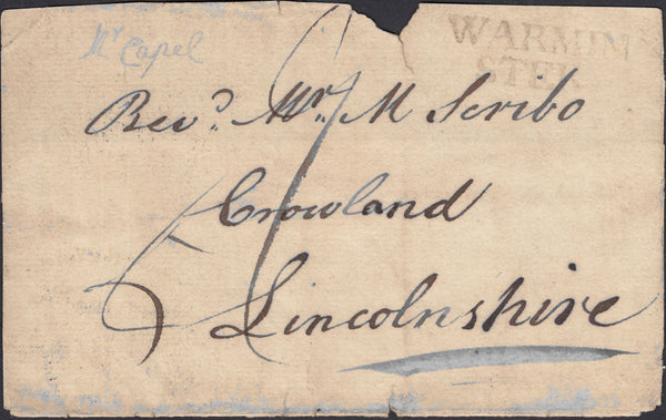 130232 1792 PART WRAPPER WARMINSTER TO CROWLAND WITH 'WARMIN/STER' HAND STAMP (WL767).