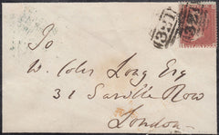 131220 1855 MOURNING ENVELOPE GRANTHAM TO LONDON WITH DIE 2 1D PL.14 (SG24)(IH).