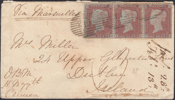 131323 1855 ENVELOPE FROM THE CRIMEA TO DUBLIN WITH STRIP OF THREE DIE 1 1D PL.177 (SG17)(LD LE LF).