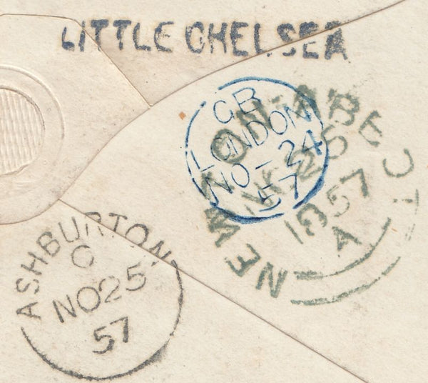 131349 1857 MAIL LONDON TO ASHBURTON, DEVON WITH 'LITTLE CHELSEA' RECEIVERS HAND STAMP.