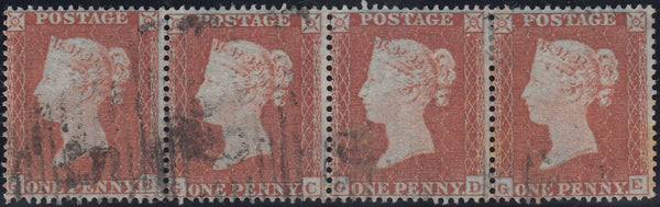 131360 1854 DIE 1 1D RES.PL.3 STRIP OF FOUR (SG17) LETTERED GB GC GD AND GE.