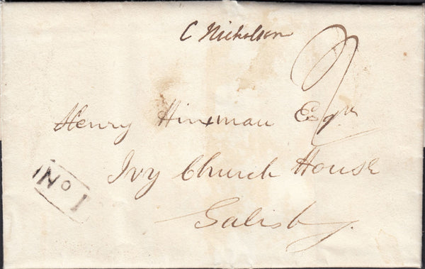 131394 1829 MAIL BARFORD TO SALISBURY WITH 'NO.1' RECEIVERS HAND STAMP AND 'SALISBURY/PENNY POST' HAND STAMP (WL665).