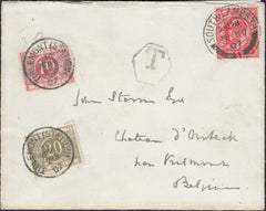 131463 1907 SURCHARGED MAIL SOUTH LAMBETH TO BELGIUM WITH BELGIUM POSTAGE DUES.
