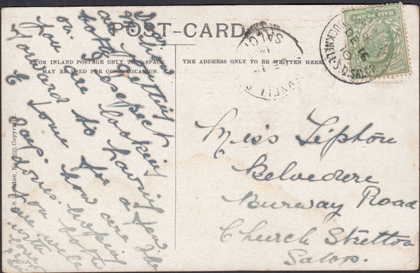 131577 1910 POST CARD BEDSTONE, SALOP TO CHURCH STRETTON WITH 'BEDSTONE/BUCKNELL SALOP' DATE STAMP.