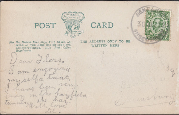 131581 1912 MAIL BENT LONT TO SHREWSBURY WITH 'BENT LONT/SHREWSBURY' RUBBER DATE STAMP.