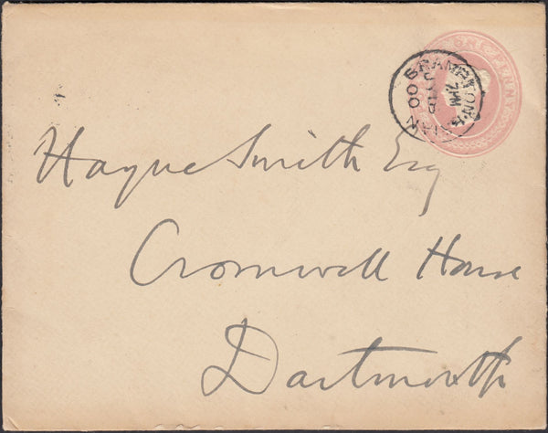 131606 1900 1D PINK ENVELOPE BRAMPTON BRIAN, SHROPS TO DARTMOUTH CANCELLED 'BRAMPTON.BRIAN' DATE STAMP.