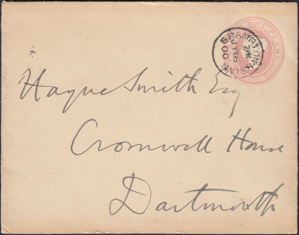 131606 1900 1D PINK ENVELOPE BRAMPTON BRIAN, SHROPS TO DARTMOUTH CANCELLED 'BRAMPTON.BRIAN' DATE STAMP.