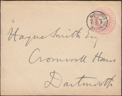 131606 1900 1D PINK ENVELOPE BRAMPTON BRIAN, SHROPS TO DARTMOUTH CANCELLED 'BRAMPTON.BRIAN' DATE STAMP.