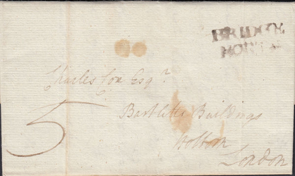 131638 1795 MAIL BRIDGNORTH TO HOLBORN, LONDON WITH 'BRIDGE/NORTH' HAND STAMP (SH63).