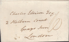 131672 1829 MAIL ROUGHTON, SHROPS TO LONDON WITH 'BRIDGNORTH/138' CIRCULAR MILEAGE MARK (SH73), USED ONE YEAR LATER THAN COUNTY CATALOGUE RECORDS.