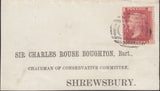 131703 1868 PIECE CHIRBURY, SHROPS TO SHREWSBURY WITH 1D (SG43) CANCELLED 'C07' 3HOS NUMERAL OF CHIRBURY, SIX YEARS EARLIER THAN PARMENTER RECORDS.