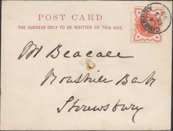 131706 1898 POST CARD CHIRBURY, SHROPS TO SHREWSBURY WITH 'CHIRBURY' DATE STAMP.