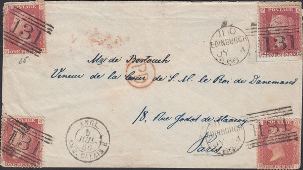 131748 1866 MAIL EDINBURGH TO PARIS WITH 4D RATE PAID 1D (SG43) X 4 STAMPS PLACED ON FOUR CORNERS OF THE ENVELOPE.