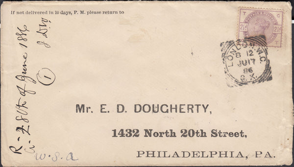 131765 1886 MAIL LONDON TO PHILADELPHIA, USA WITH 2½D LILAC (SG189), SQUARED CIRCLE.