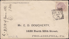 131765 1886 MAIL LONDON TO PHILADELPHIA, USA WITH 2½D LILAC (SG189), SQUARED CIRCLE.