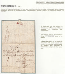 131805 1765 MAIL COLWALL, NEAR LEDBURY TO KIDDERMINSTER WITH 'WORCESTER' HAND STAMP (WO831).