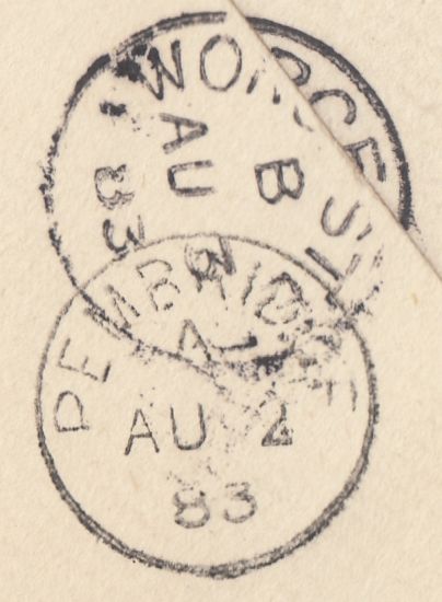 131858 1883 PEMBRIDGE, HEREFORDSHIRE TO WORCESTER WITH '455' 3VOS NUMERAL OF PEMBRIDGE.