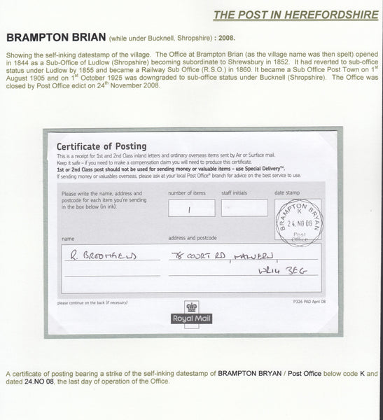 131878 LAST DAY OF USE CANCELLATIONS 'BRAMPTON BRYAN' POST OFFICE, HEREFORDSHIRE (5 ITEMS).