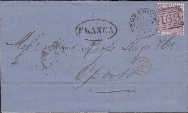 131891 1872 'GREENOCK/163' DOTTED CIRCLE POST MARK TYPE 2 (RA36) ON MAIL TO OPORTO WITH 6D MAUVE (SG109).