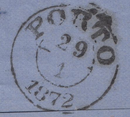 131891 1872 'GREENOCK/163' DOTTED CIRCLE POST MARK TYPE 2 (RA36) ON MAIL TO OPORTO WITH 6D MAUVE (SG109).