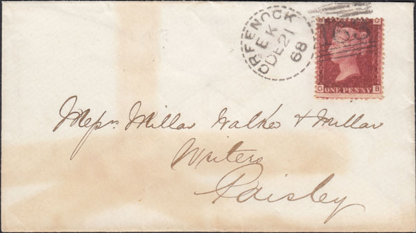 131896 1868 'GREENOCK/163' DOTTED CIRCLE POST MARK TYPE 2 (RA36) ON MAIL TO PAISLEY.