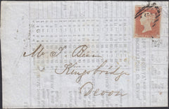 131913 1852 'PRICES CURRENT' WRAPPER LIVERPOOL TO KINGSBRIDGE, DEVON WITH 1D PL.148 (SG9)(NC).