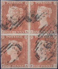 131919 1852 1D PL.145 ORANGE-BROWN SHADE (SG12) USED BLOCK OF FOUR.
