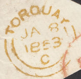 131920 1853 MOURNING ENVELOPE TORQUAY TO ANTRIM WITH 1D PL.144 (SG8)(IL).