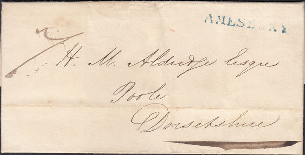 131956 1832 MAIL BRADFORD, WILTS TO POOLE, DORSET WITH 'AMESBURY' HAND STAMP IN BLUE (WL28).