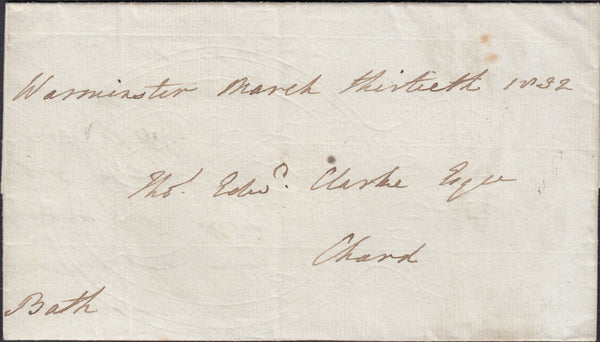 131963 1832 FREE MAIL LONGLEAT HOUSE, WILTS TO CHARD WITH 'WARMINSTER' HAND STAMP (WL777).