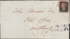 131995 1840 MAIL LIVERPOOL TO WORTHING WITH 1D BLACK PL.4 (SG2)(RD) ALSO 'WOOLTON/PENNY POST' HAND STAMP (L547).