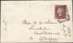 132155 1857 MAIL LADYBANK, FIFE TO GLASGOW WITH 'BLANTYRE STATION' SCOTS LOCAL TYPE III HAND STAMP ON REVERSE.