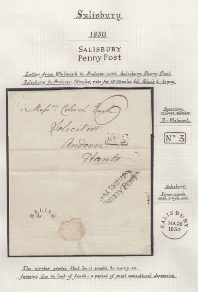 132200 COLLECTION OF SALISBURY PENNY POST AND RECEIVING HOUSE HAND STAMPS.