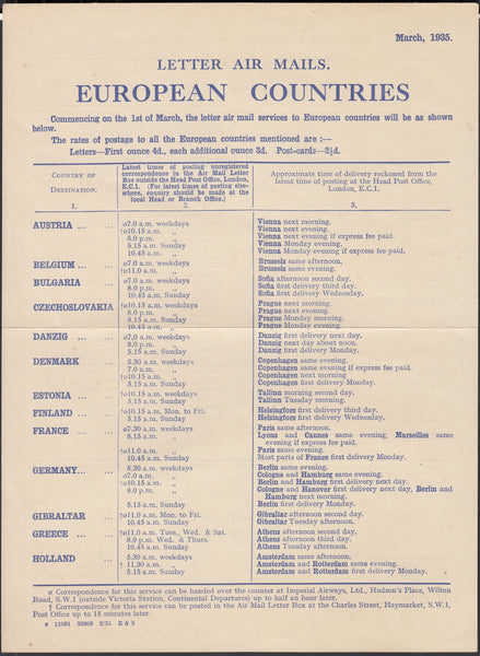 132204 1935 LEAFLET ROYAL MAIL 'LETTER AIR MAILS EUROPEAN COUNTRIES'.