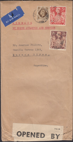 132205 1941 AIR MAIL LONDON TO ARGENTINE WITH 2/6 BROWN (SG476) AND 5S RED (SG477).