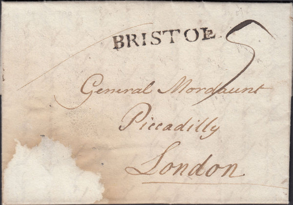 132217 1790 MAIL BRISTOL TO PICCADILLY WITH 'BRISTOL' STRAIGHT LINE HAND STAMP.