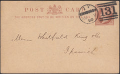 132443 1890 ½D BROWN POST CARD EDINBURGH TO 'WHITFIELD KING' STAMP DEALERS IN IPSWICH.