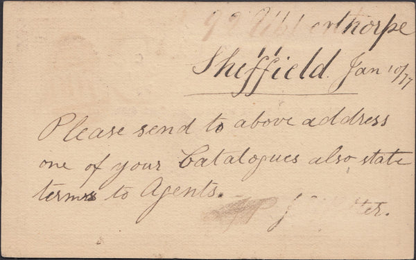132448 1877 ½D MAUVE POST CARD SHEFFIELD TO 'WHITFIELD KING' STAMP DEALERS OF IPSWICH.