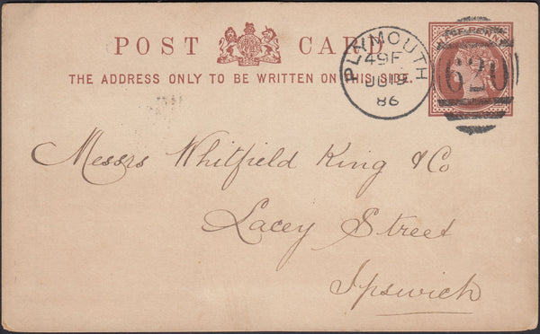 132452 1886 ½D BROWN POST CARD PLYMOUTH TO 'WHITFIELD KING' STAMP DEALERS OF IPSWICH.