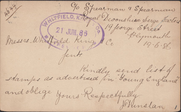 132452 1886 ½D BROWN POST CARD PLYMOUTH TO 'WHITFIELD KING' STAMP DEALERS OF IPSWICH.