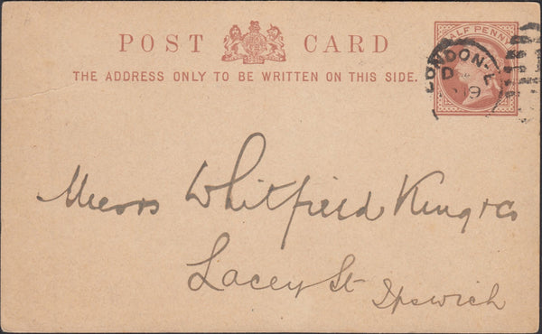 132453 1886 QV ½D BROWN POST CARD LONDON TO 'WHITFIELD KING' STAMP DEALERS OF IPSWICH.