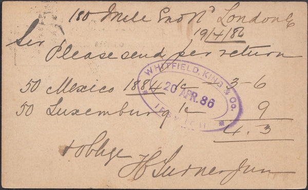 132453 1886 QV ½D BROWN POST CARD LONDON TO 'WHITFIELD KING' STAMP DEALERS OF IPSWICH.