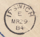 132471 1884 MAIL LONDON TO 'WHITFIELD KING' STAMP DEALERS OF IPSWICH.
