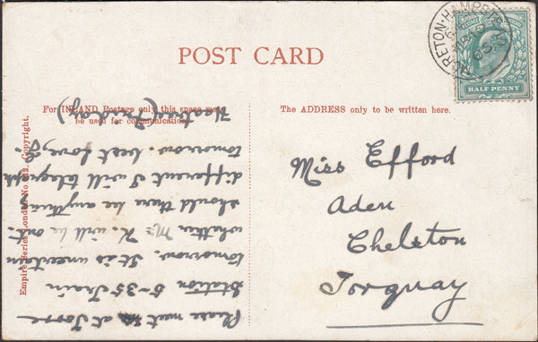 132475 1905 MAIL MORETON HAMPSTEAD, DEVON TO TORQUAY WITH 'MORETON.HAMPSTEAD' DATE STAMP.